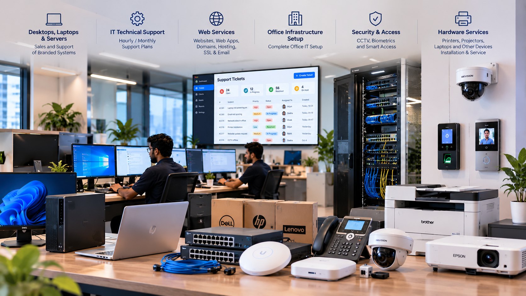 BeeTech IT services overview: support tickets dashboard, network rack, CCTV, biometrics, printers and branded hardware