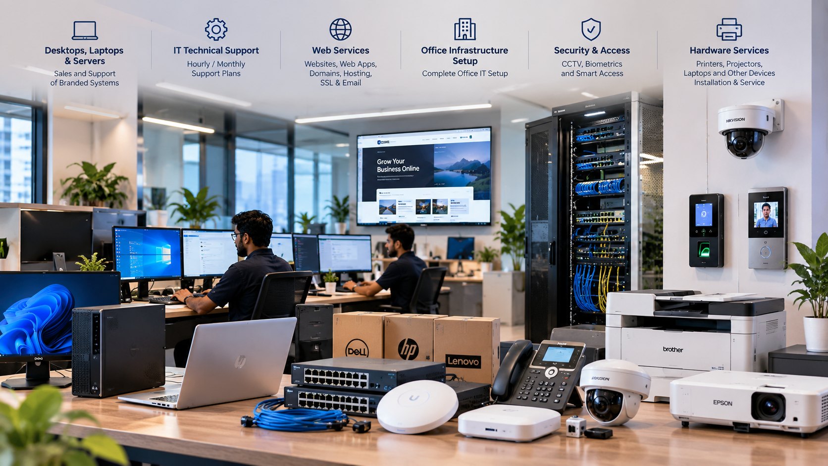 BeeTech Infosystems IT solutions: desktops, laptops and servers, IT support, web services, office infrastructure, security and access, and hardware services