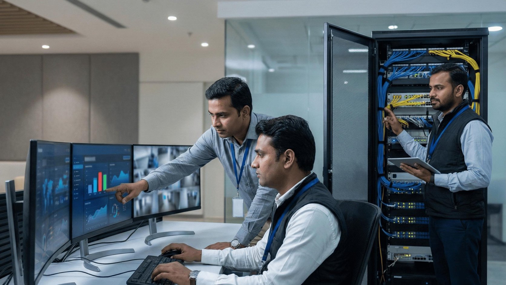 BeeTech IT engineers monitoring systems and managing a network rack